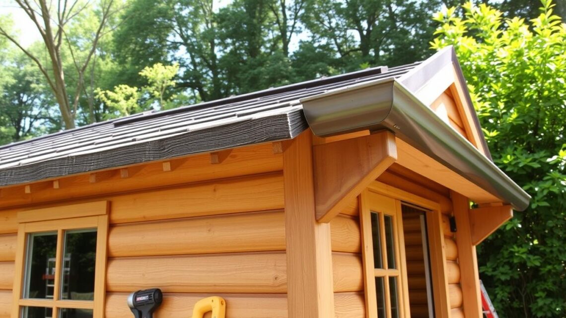 Regenrinnenmontage und -reinigung am Holz-Gartenhaus